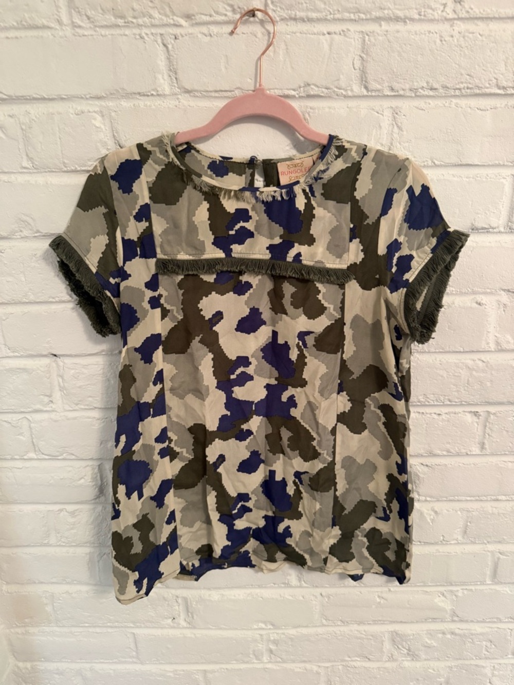Camo Print Short Sleeve Top in Blue, Olive & Cream